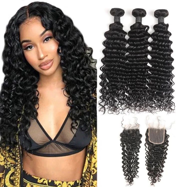 

Wholesale Raw Virgin Hair Vendors Natural Deep Wave Curly Hair Bundles With Closure Frontal, Virgin Aligned Hair Weave Bundle, Natural black