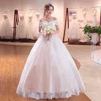 

2018 New Elegant Korea Style Plus Size Lace Off Shoulder White Floor Length Wedding Dress