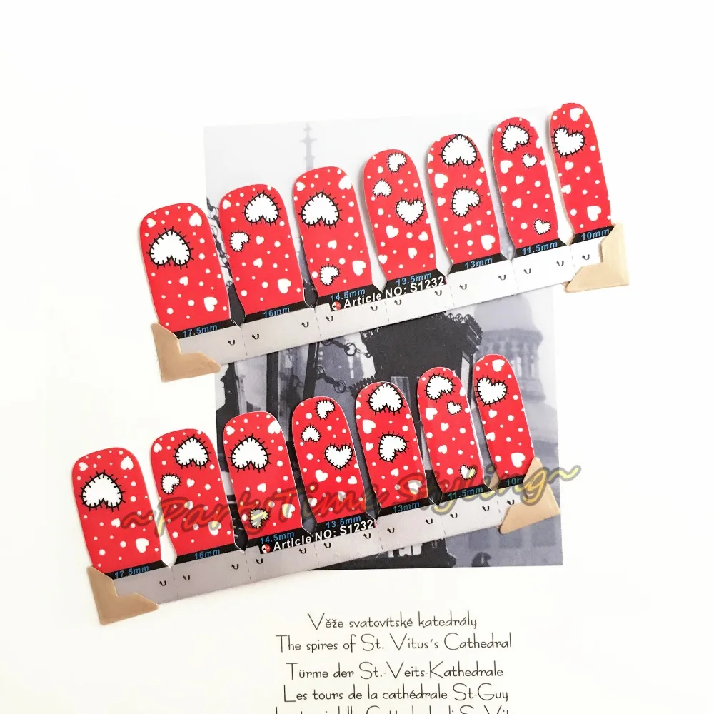 Red White Heart shaped Nail Art Sticker Patch 14 pcs set Waterproof Decals Foils Gel Polish