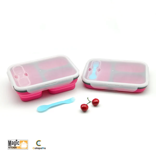 3-Compartment Collapsible Silicone Lunch Box Food Storage Container With Fork Spoon