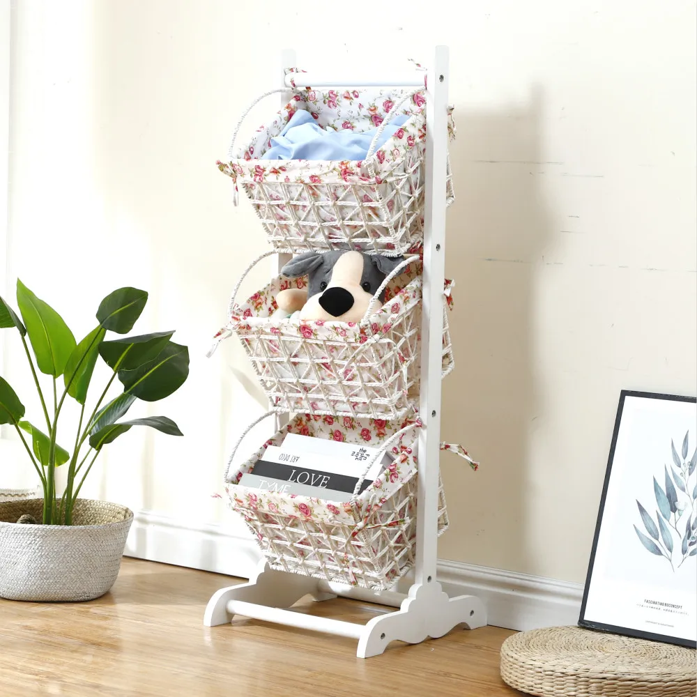 
White Wooden Shelf Stand For Magazine Storage With Hanging Basket 