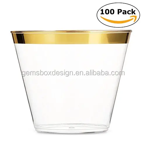 

9OZ disposable party plastic gold rim cup, Pantone;cmyk