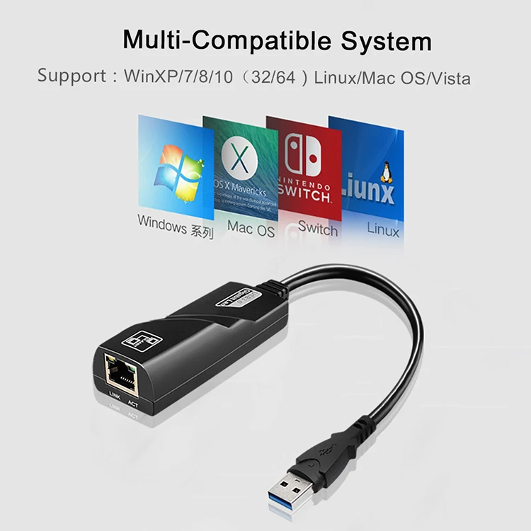 PCER Black USB 3.0 to LAN Adapter with Ethernet Gigabit 1000 Mbps USB Male to LAN Female Converter