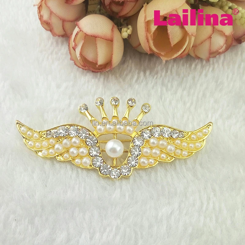 

Clear Rhinestone Pearls Crown Angel Wings Queen Crown Pearl Brooch For Women Men Clothing pin, Picture