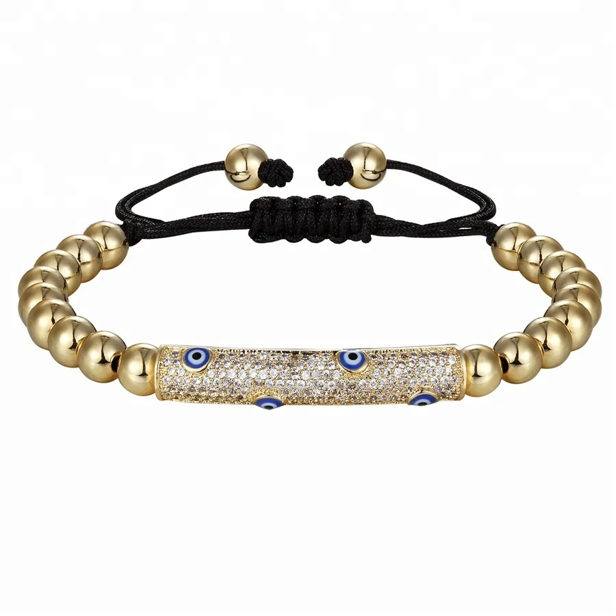 

Hot Sale CZ Micro Pave Beads Braided Bracelet,Plating Gold Evil Eyes Long Tube Women Naturally Design Adjustable Charm Bracelet, Gold/rose gold/silver/black