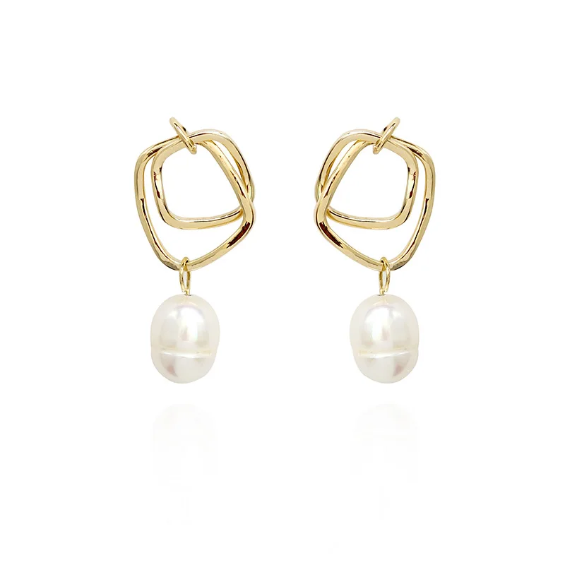 

Simple gold geometric S925 hypoallergenic silver needle earrings pearl wild women's earrings jewelry