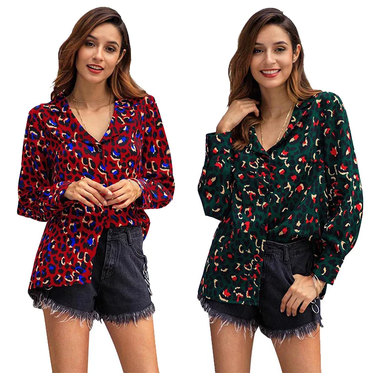 

Private label Red Full Chiffon Sleeved Shirt Leopard Pattern Women' Tops, As shown