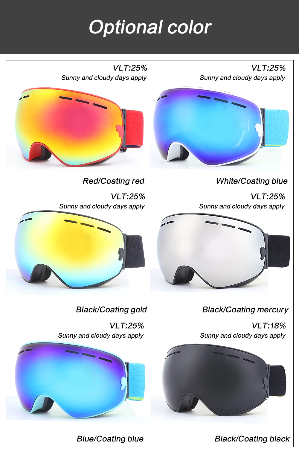 Hot selling sport glasses ski goggles elastic strap replacement lenses ski goggles uv protection anti fog resistant
