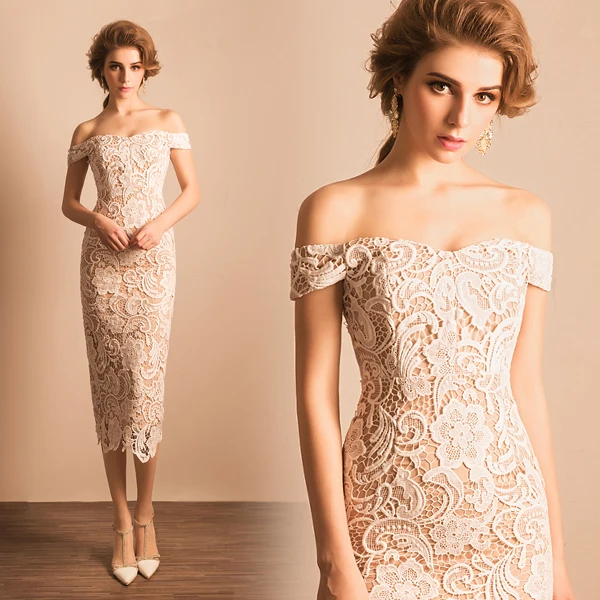 

off shoulder tube sexy white lace over knee dress