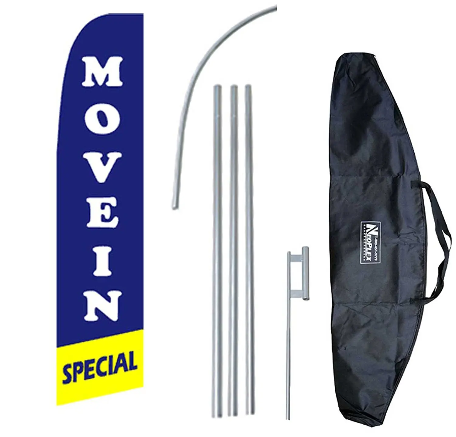 "Move In Special" 12-foot Swooper Feather Flag and Case Complete Set...includes 12-foot Flag, 15-foot Pole, Ground Spike, and Carrying/Storage Case
