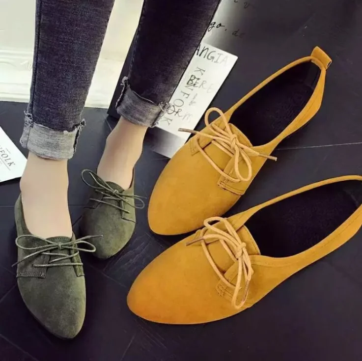 

Pointed casual suede lace-up women's shoes flat 8903, Black,yellow,green