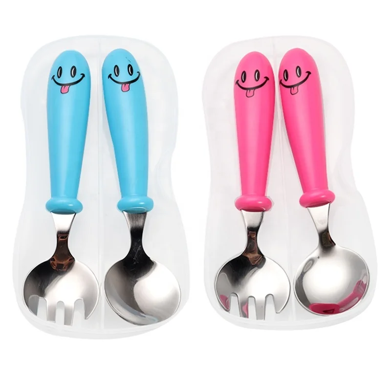 

Lovely design Food Grade 304 Stainless Steel Children Tableware 2pcs Spoon Fork set with Cartoon handle, Blue,orange,purple,pink