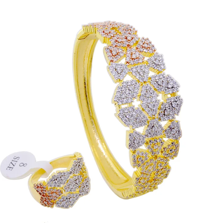 

BG0794 Leafs Generous Inlay Cubic Zircon Stone Jewelry Bangle And Ring Three Colours platinum, White stone with gold plated