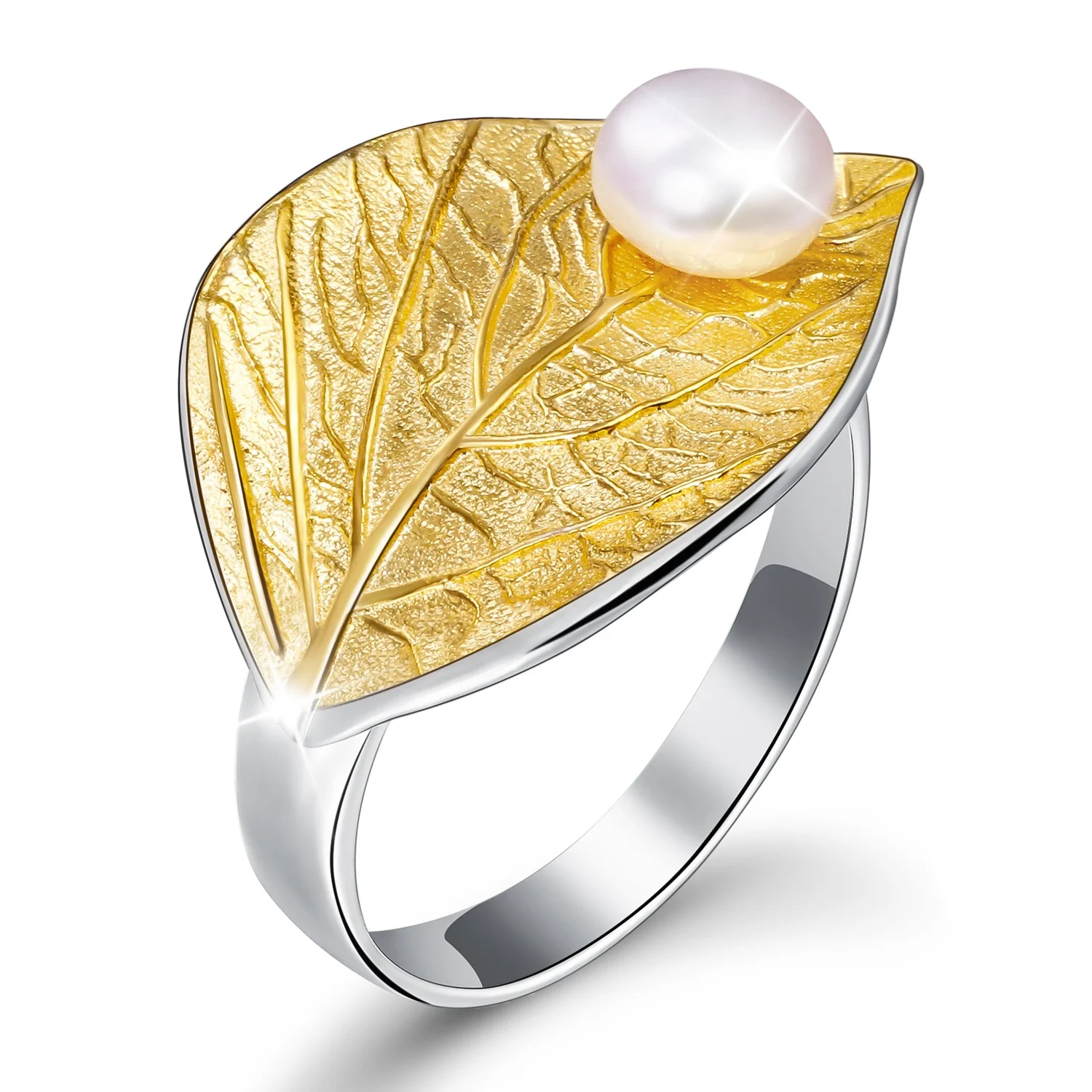 

Fine Jewelry 925 Sterling Silver 18K Gold plated leaf Shape Natural Pearl Adjustable Rings For Women