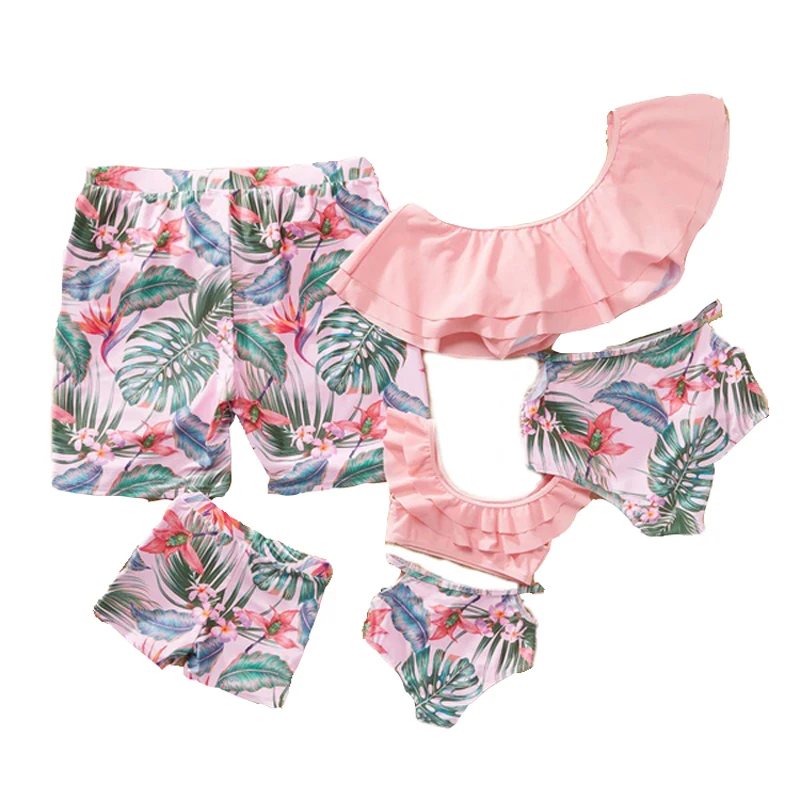 

Manufacturer Pink Large Ruffle Floral Print Brazilian Beach Men Women Kid Bikini Family Swimwear