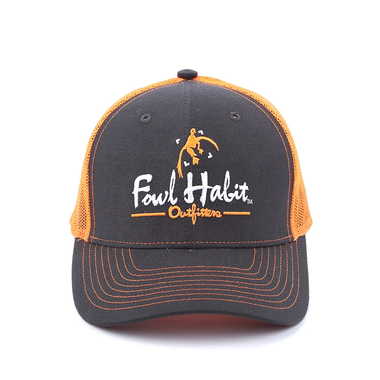 
Customized black orange cotton twill and mesh polyester 6 panels trucker hat 