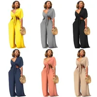 

New Fashion v neck Bowknot wide leg pants sexy jumpsuits and rompers High Waist two piece set women clothing