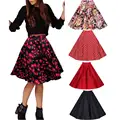 Women Lady Vintage Printed Floral Fashion Skirts Stretch Pleated Swing Ball Gown Academical Style
