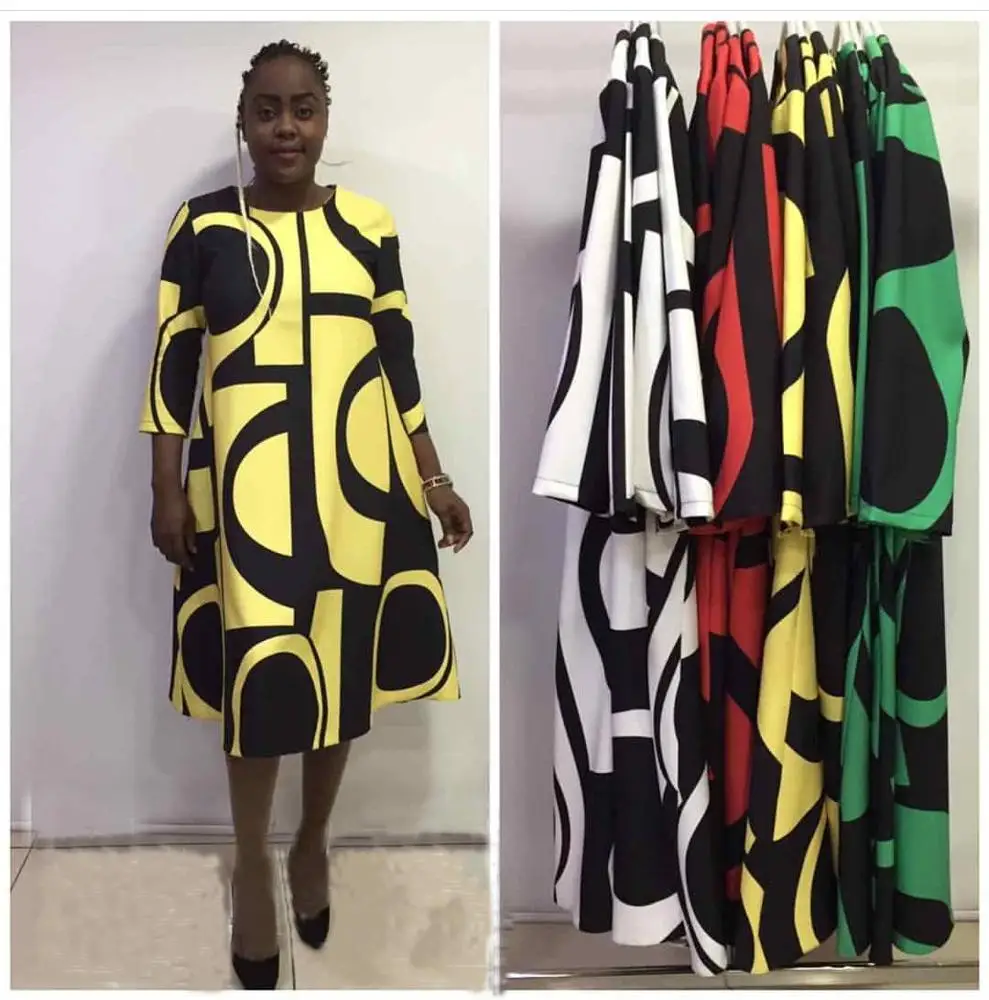 SZFHJN African women's dress digital print round neck basic A word sleeve dress