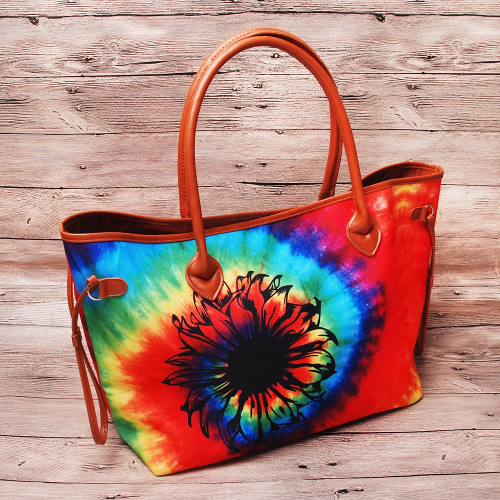 Wholesale Red Tie Dye Handbag Sunflower Tie Dye Canvas Casual Purse In Women Tote With Two