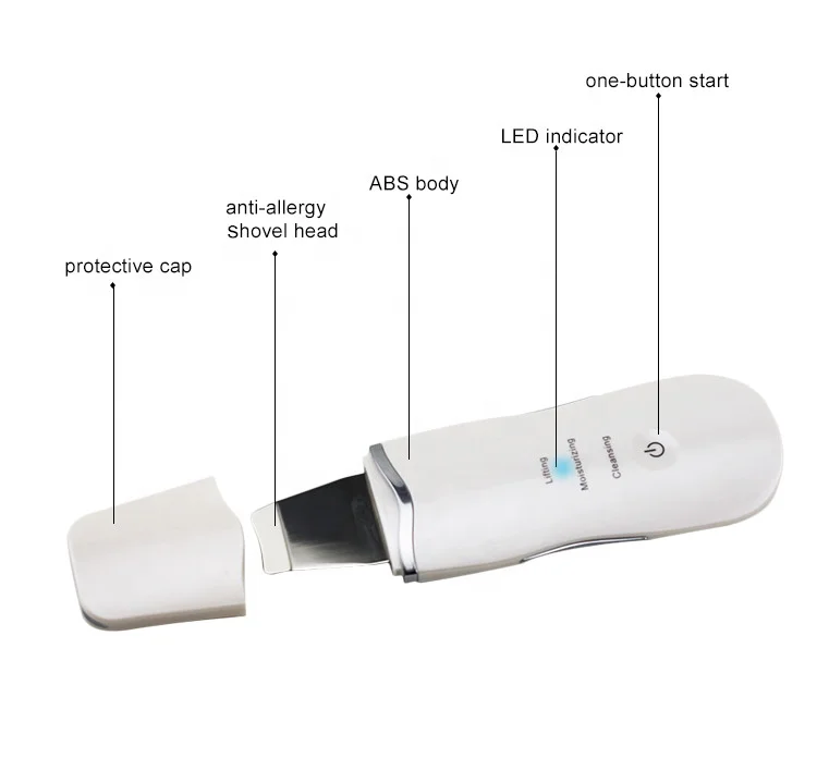 

Portable beauty equipment skin peeling ultrasonic skin scrubber for face, White+black