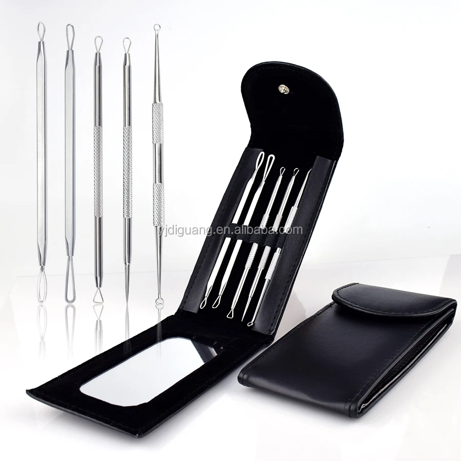 

5 PCS Surgical Stainless Steel Satisfy Facial Acne Extractor Blackhead Remover Tool Kit With Pouch, Silvery