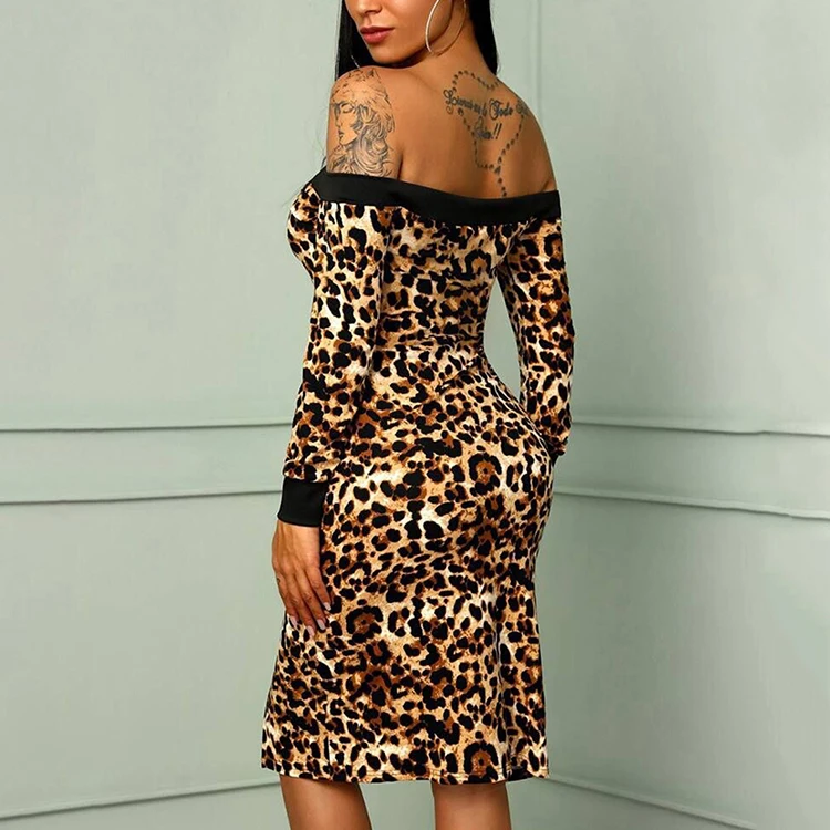 

New Listing Sexy Off Shoulder Long Sleeve Wrap Pencil Boutique Women Leopard Evening Dress