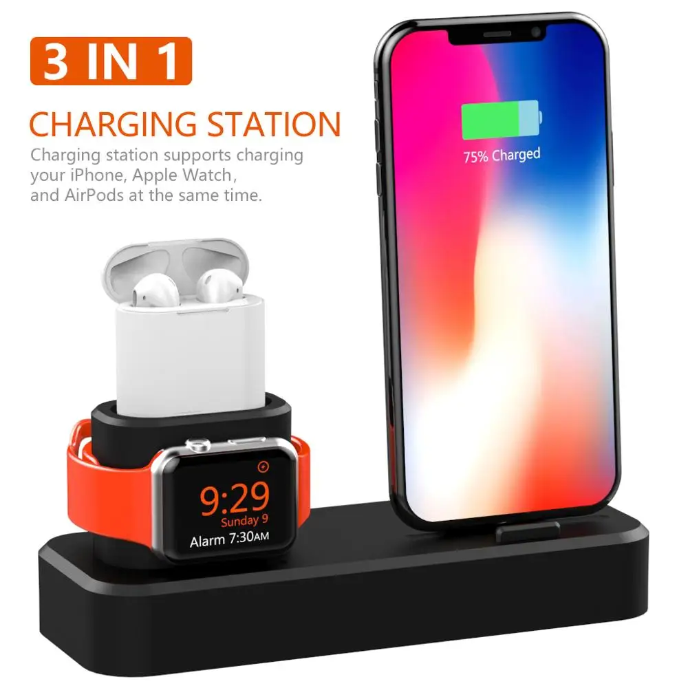 

charging station for IPhone XS max,3in1 charging stand for apple airpod watch for iPhone X silicon holder charging dock station, Black