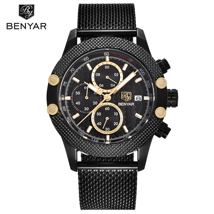 

BENYAR BY 5109 Sport Chronograph Fashion Watches Men Mesh &Band Waterproof Luxury Brand Quartz Watch Gold Saat clock