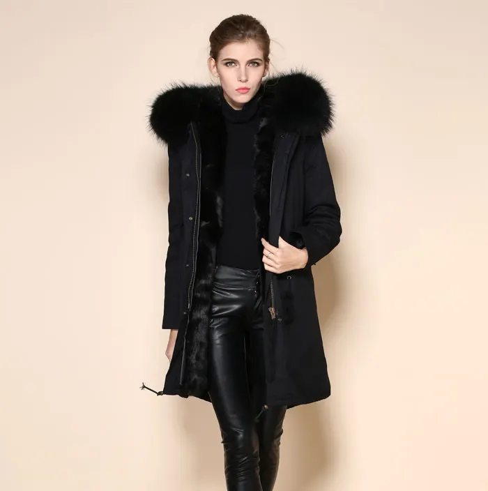

hot sale fur parka mysterious black outside & lining jackets black fox fur pelts coats, Picture and customized