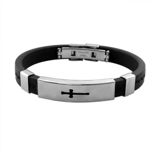 

11 mm simple men 's leather bracelet with cross stainless steel bangle
