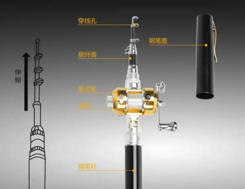  Promo portable pocket aluminum pen shaped telescoping fishing rod