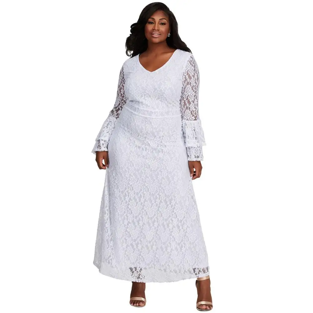 

Plus Size Women Casual White Lace Bell Sleeve Plus Size Maxi Wedding Dress