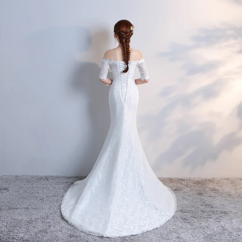 ZH2349G Elegant Bateau Lace Mermaid Wedding Dresses with Half Long Sleeves Court Train Bridal Gown