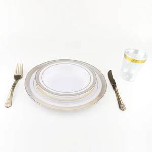 Image of Unbreakable custom printed plastic disposable plates dinnerware sets 25pcs 7.5" 25pcs 10.25" 25pcs knife 25pcs spon 25pcs fork