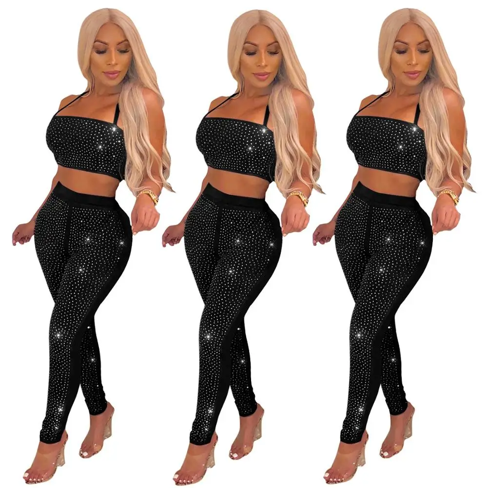 

FM-Q158 Ladies nightclub wear two pieces set black sexy rhinestone woman jumpsuits, As pictures