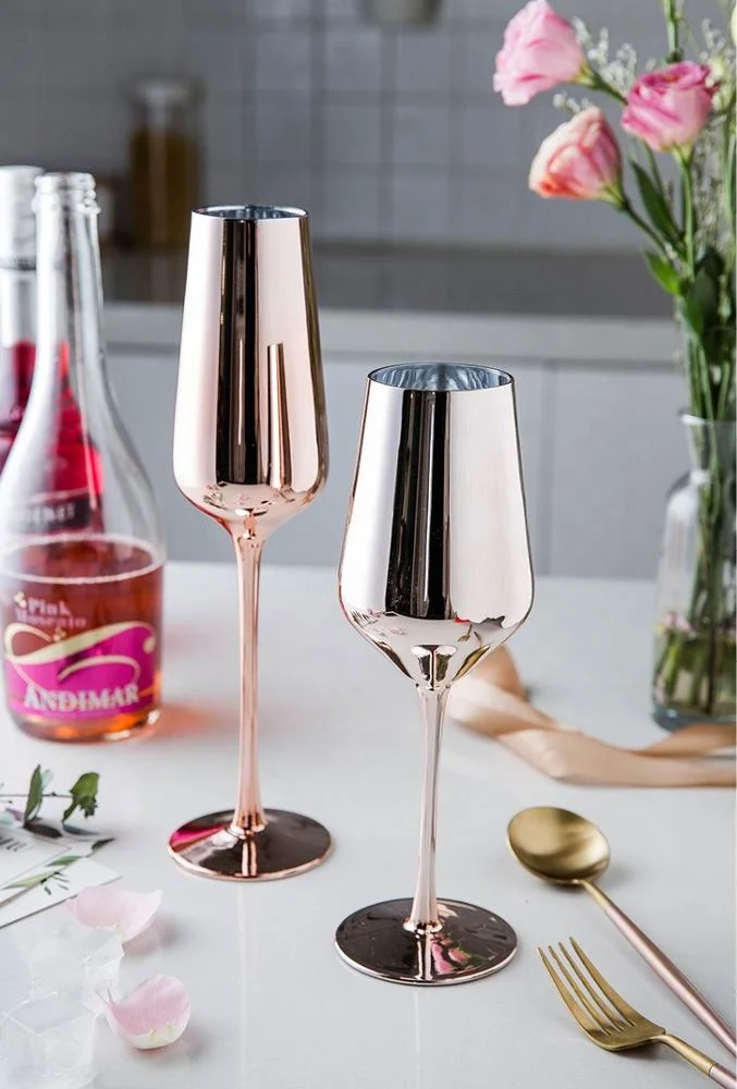
Unique Luxury Custom Fancy Round Handmade Electroplated Crystal Glitter Rose Gold Colored Wine Glass 