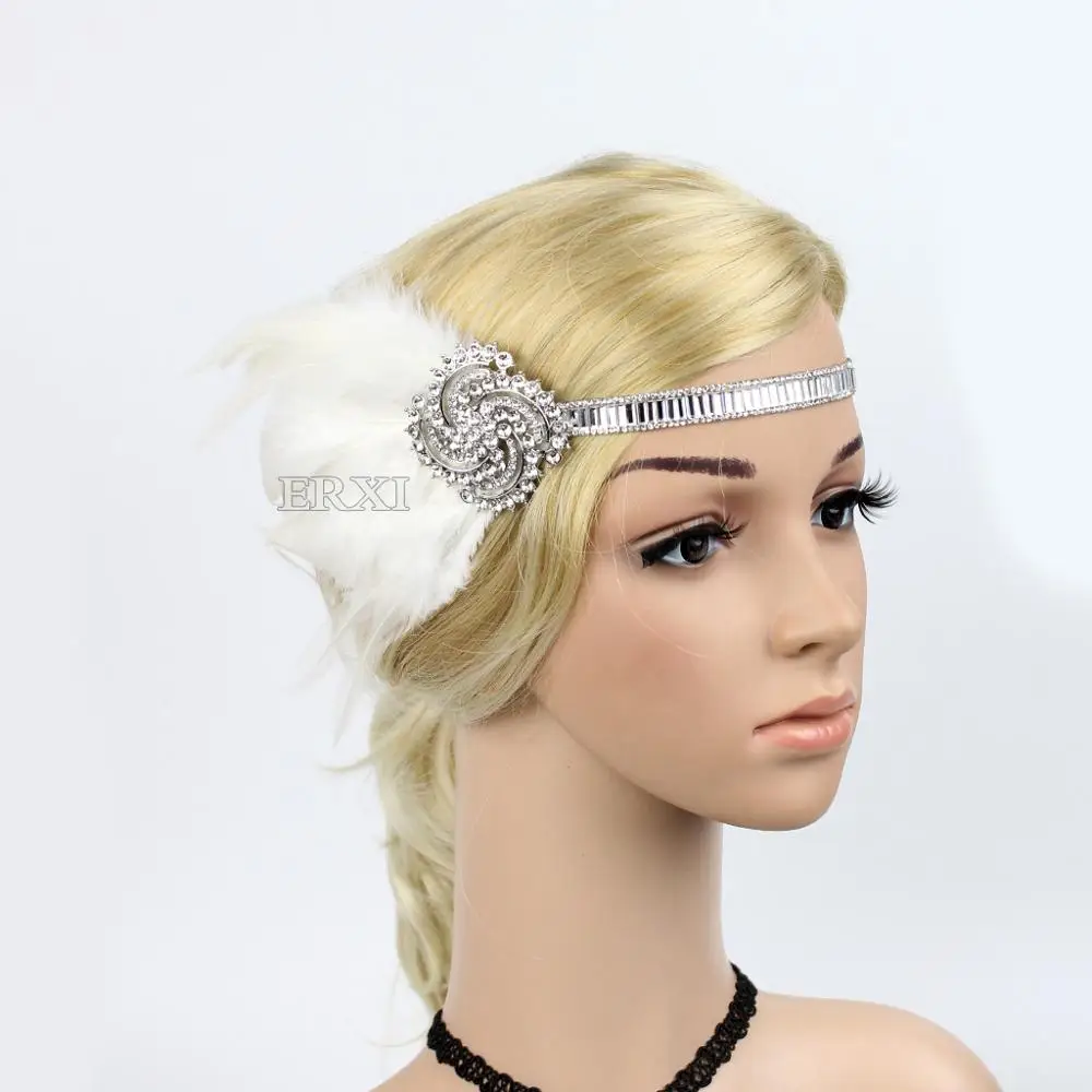 Grey & Silver Feather Headband 1920s Great Gatsby Flapper Headpiece Vintage 178 