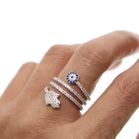 

silver plated micro pave cz evil eye hamsa hand turkish jewelry women full finger ring fashion