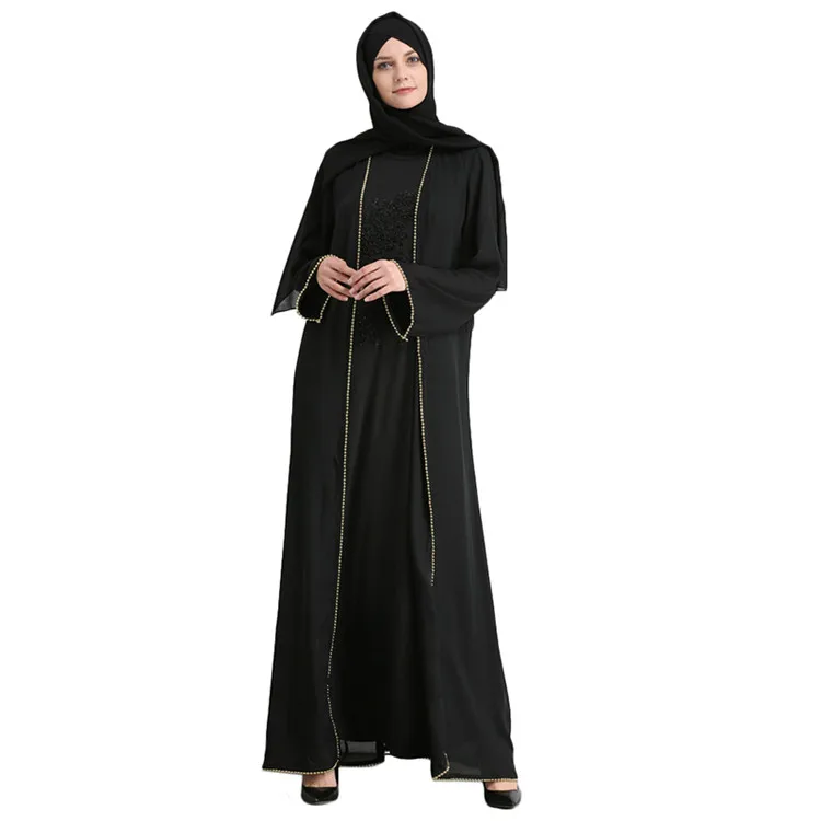 

Dubai abaya wholesale fashionable black white color crepe bead women open abaya, Black;white;khaki