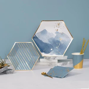 Image of Blue Watercolor Gold Large Paper Plate Set with 9 inch and 7 inch plate, 9oz cup and napkins