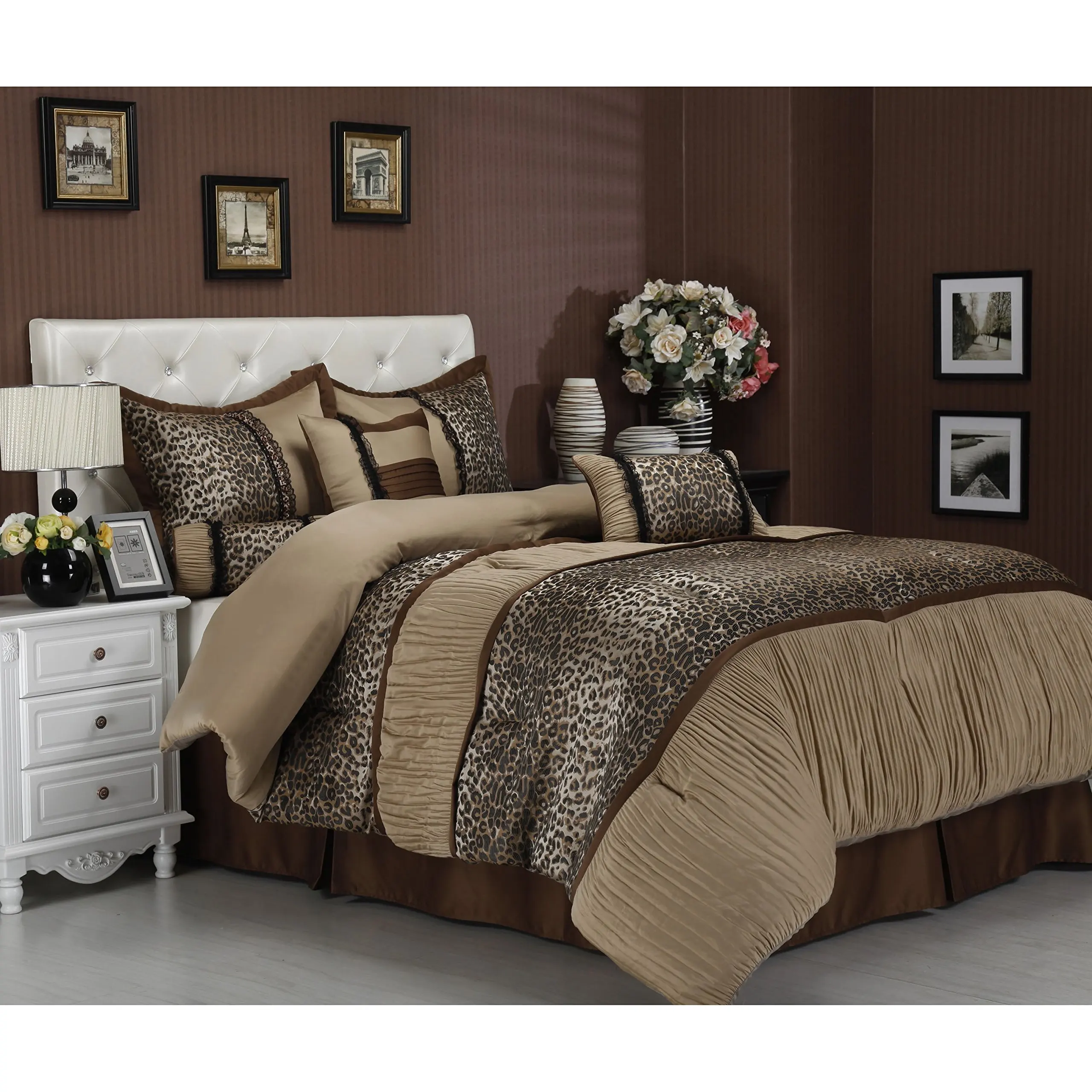 7 Piece Exotic Leopard Print Comforter Set Queen Size, Featuring Wild Printed Tiger Design Ruched Texture Premium Bedding, Luxury High End Modern Chic Cozy Bedroom, Brown, Black, Beige
