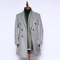 

High end MTM business winter warm long wool pea double breasted grey overcoat man