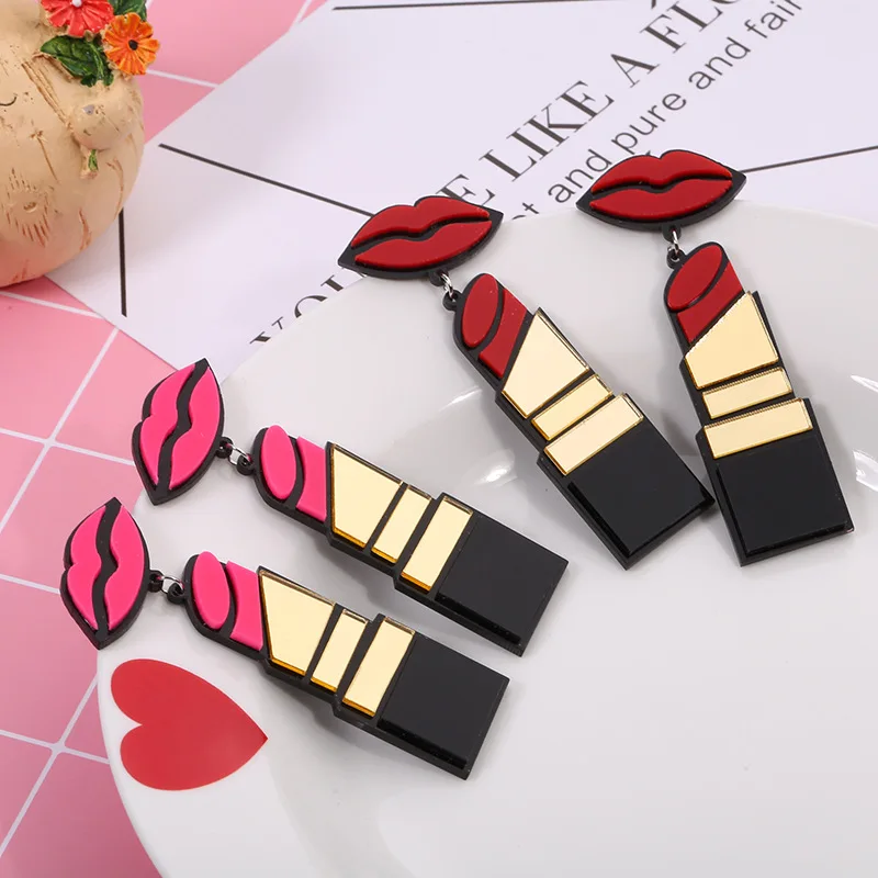 

red acrylic pendant earring wholesale colorful acrylic fashion statement earring red lip jewelry lipstick earrings statement