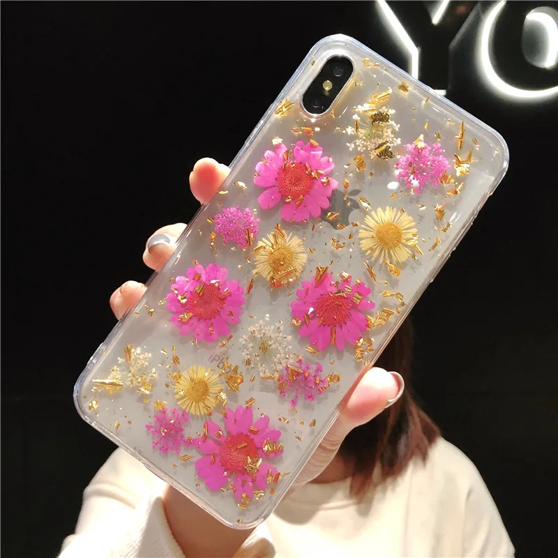 

For iPhone X/XS Real Flower Case, Girls Floral Glitter Case Soft Rubber Dried Flowers Case for iPhone Gold foil flower clear, As the following photos