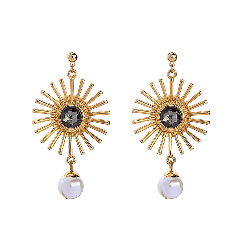 

ed01667c Gold Sun Crystal Pearl Drop 925 Post Earrings Wholesale, As picture