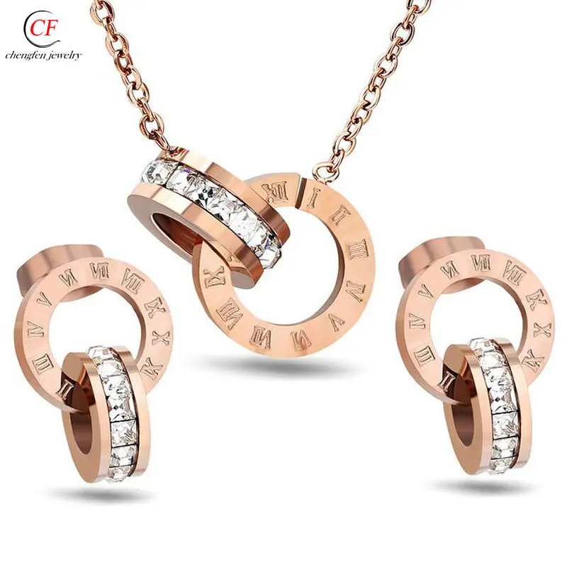 

Factory China Factory 316l Stainless Steel Jewelry Rose Gold Circle Jewelry Set Cubic Zirconia Jewelry Set, 18k gold plated