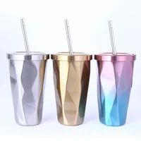 

Ice Tube Cup Coffee Mugs Stainless Steel Hot/Cool Drinking Bottle with Straw Irregular Rhombus Cup Mugs Coffee Drinkware