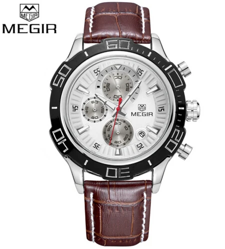 

MEGIR 2019 Men Quartz Wrist Watch Luxury Genuine Leather Military Calendar Analog Chronograph Waterproof Watches Male Clock, 2 colors to choose