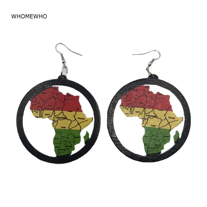 

60cm Africa Map Laser Cut Natural Wood African Colorful Painting Afro Earrings Vintage Club Jewelry Printed Wooden DIY Accessory, Picture